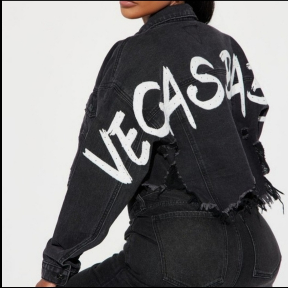 Rhinestone Mineral Wash Denim LOGO "Vegas Baby" jacket